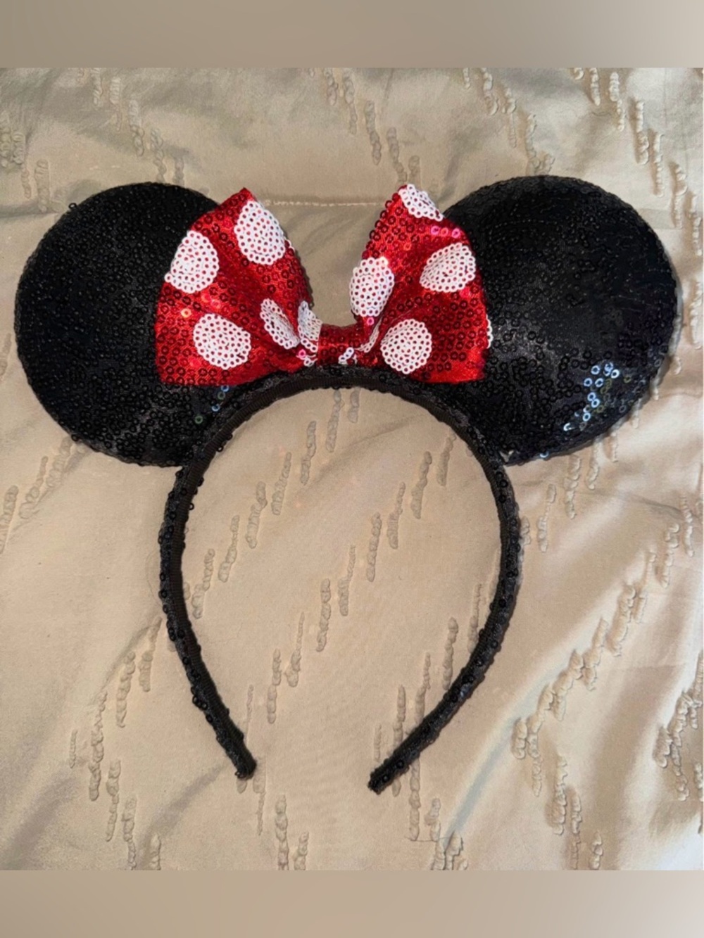 Sequin Minnie Mouse Ear Headband with Red Polka Dot Bow